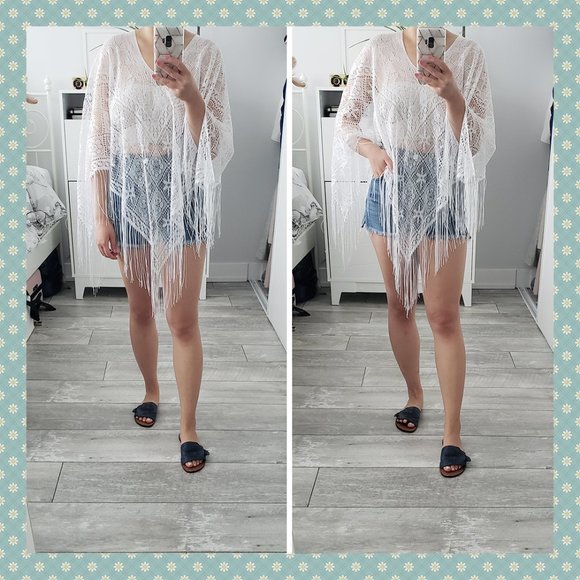 3/$30 - NWOT White Fringe Poncho - Picture 1 of 4